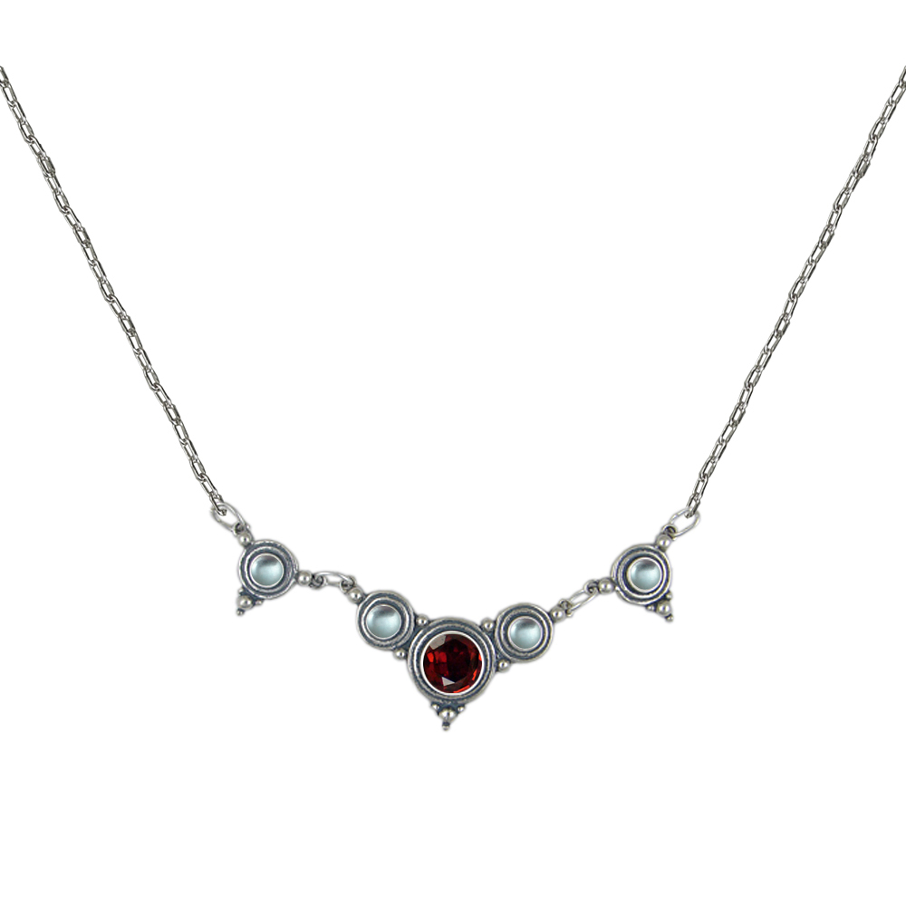 Sterling Silver Gemstone Necklace With Garnet And Blue Topaz